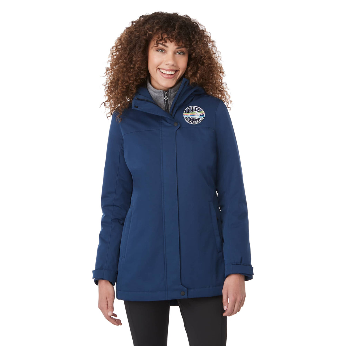 Lena Recycled Insulated Jacket with Hood for Women Transfer - River Blue - On Model Front 3