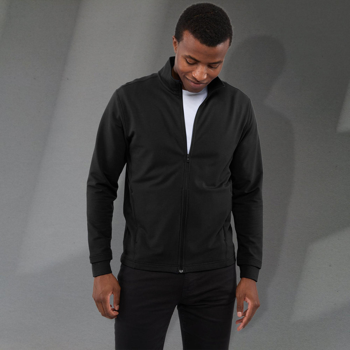 Lyon Stretch French Terry Full Zip Jacket for Men Embroidery - Black - Front On Model