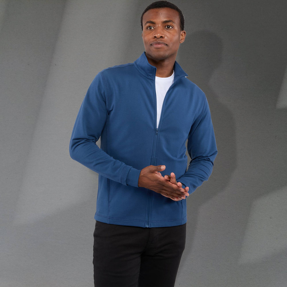Lyon Stretch French Terry Full Zip Jacket for Men Embroidery - River Blue - Front On Model 3
