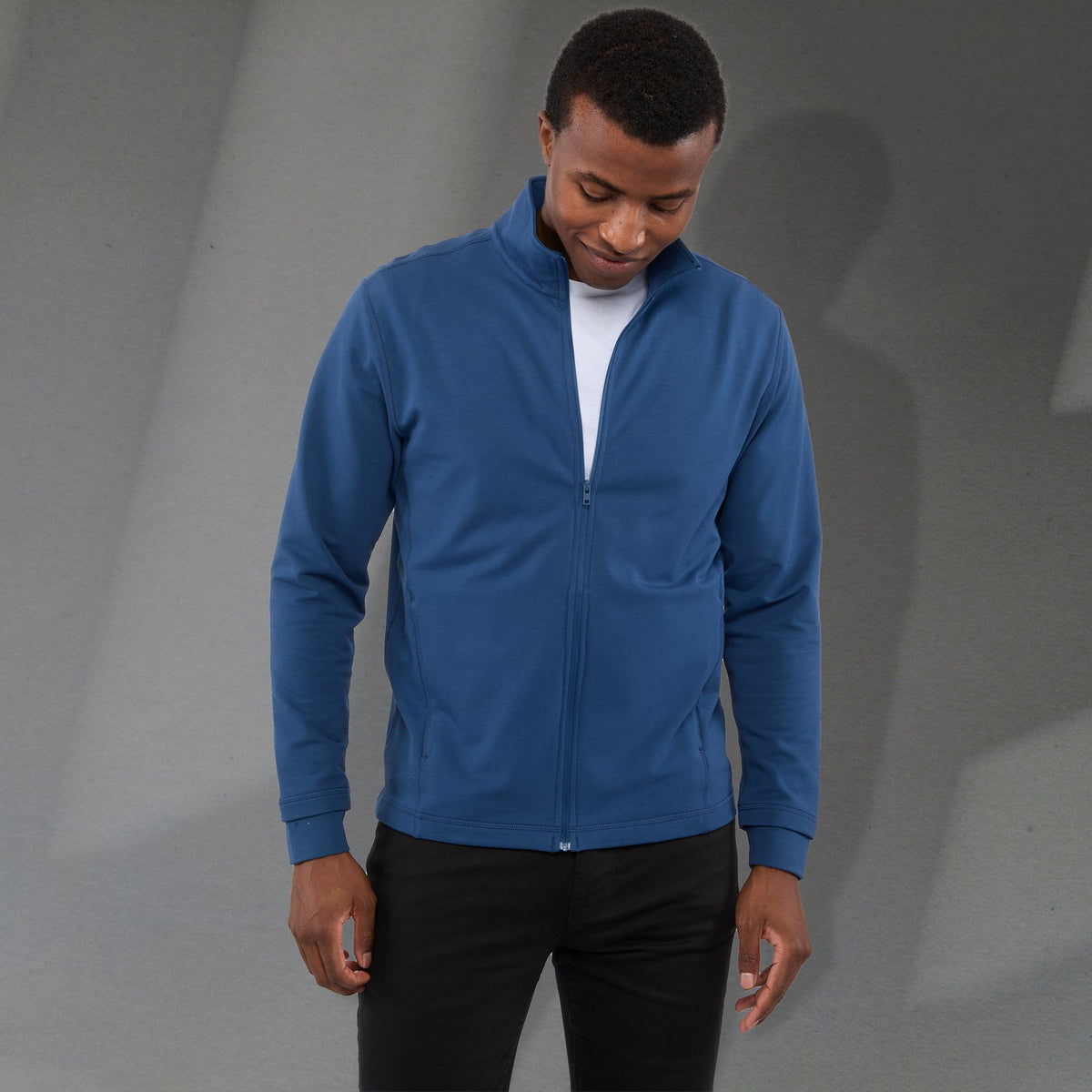 Lyon Stretch French Terry Full Zip Jacket for Men Embroidery - River Blue - Front On Model 4