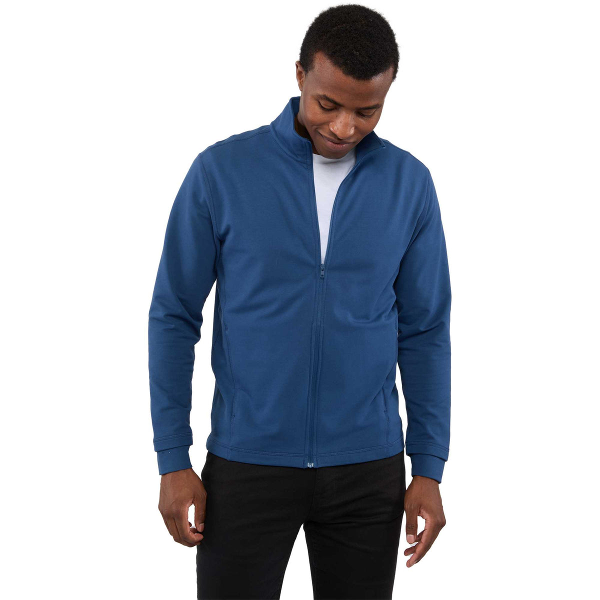 Lyon Stretch French Terry Full Zip Jacket for Men Embroidery - River Blue - Front On Model