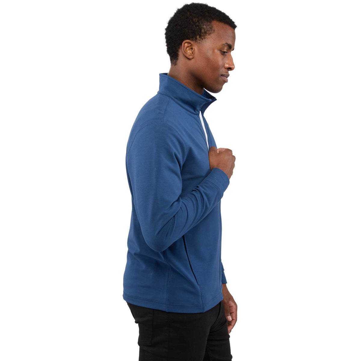 Lyon Stretch French Terry Full Zip Jacket for Men Embroidery - River Blue - Right Side On Model