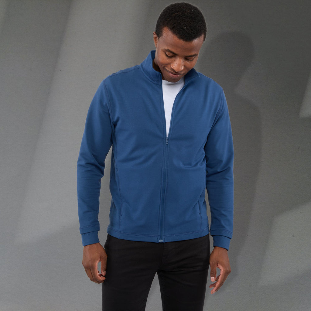 Lyon Stretch French Terry Full Zip Jacket for Men Transfer - River Blue - Front On Model 4