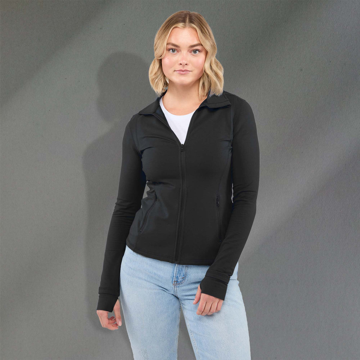 Lyon Stretch French Terry Full Zip Jacket for Women Transfer - Black - Front On Model