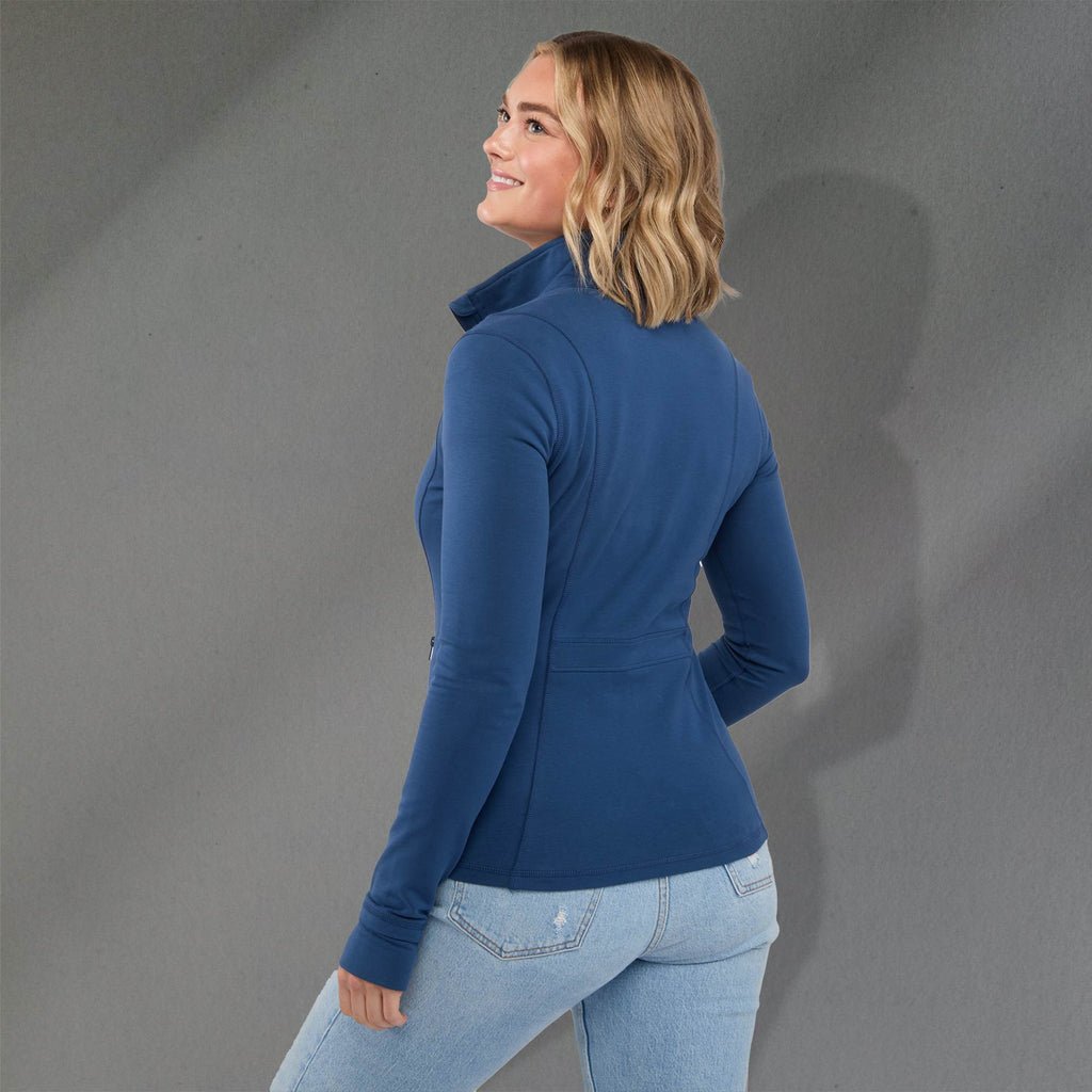 Lyon Stretch French Terry Full Zip Jacket for Women Transfer - River Blue - Back On Model 2