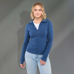 Lyon Stretch French Terry Full Zip Jacket for Women Transfer - River Blue - Front On Model 2