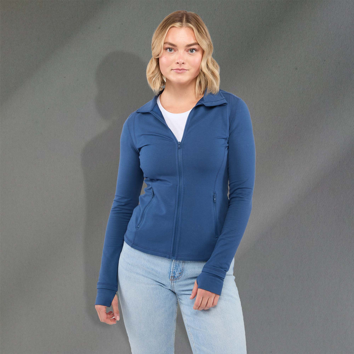 Lyon Stretch French Terry Full Zip Jacket for Women Transfer - River Blue - Front On Model 2