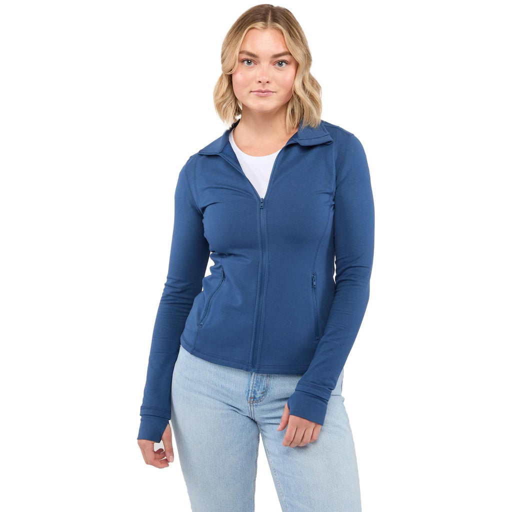 Lyon Stretch French Terry Full Zip Jacket for Women Transfer - River Blue - Front On Model