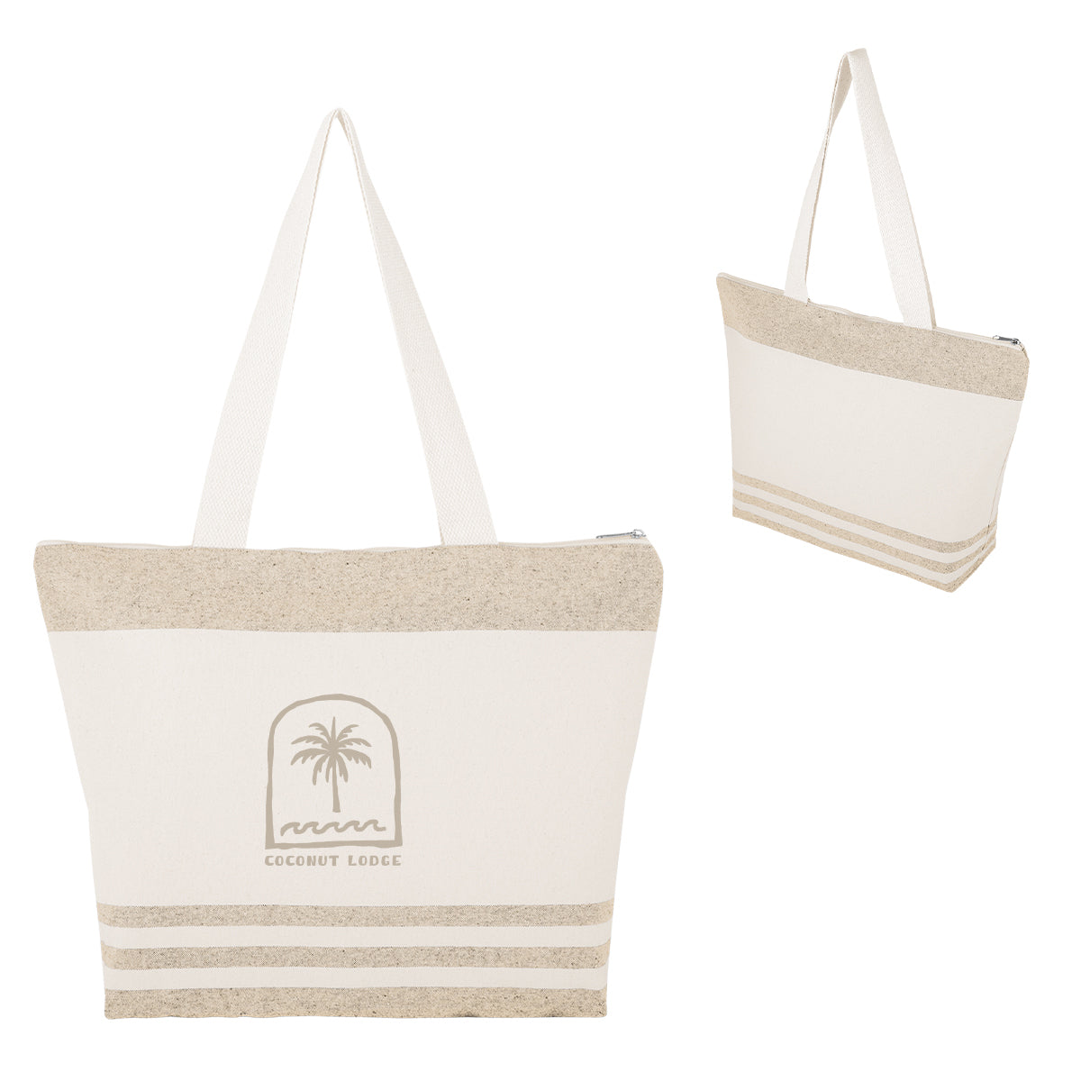 Marlo Recycled Cotton Zippered Tote Bag, 10 oz Embroidery - Natural with Beige - Silk Screen
