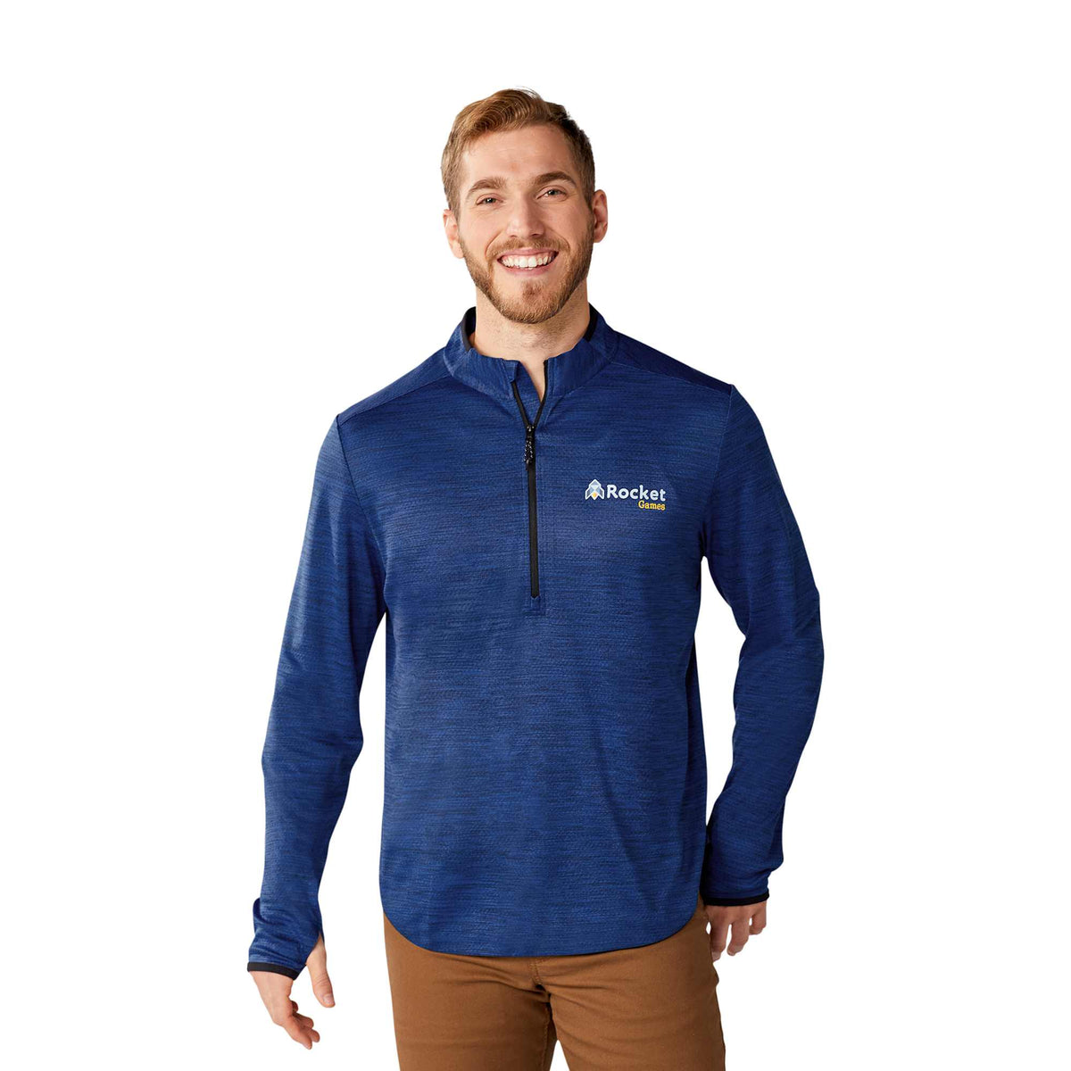 Mather Performance Knit Half Zip with Thumb Holes for Men Embroidery - New Royal Heather - Front On Model