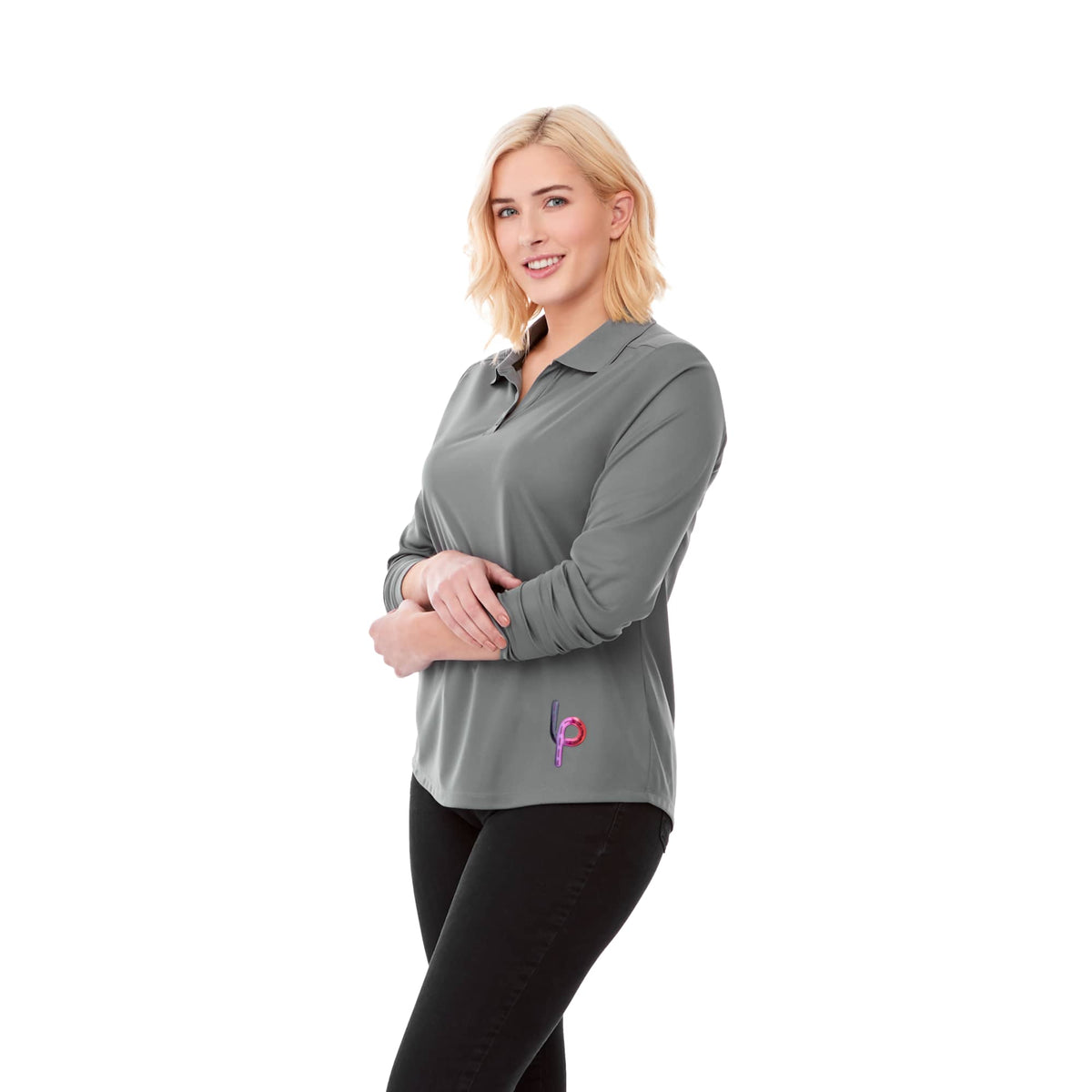 Mori Long Sleeve Performance Polo for Women Embroidery - Steel Grey - On Model