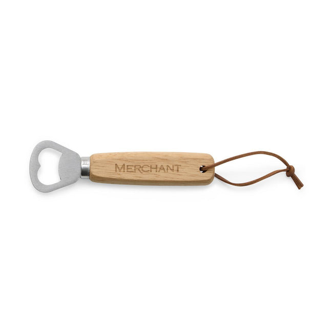 Oak Handle Bottle Opener with Leather Loop Laser Engraving