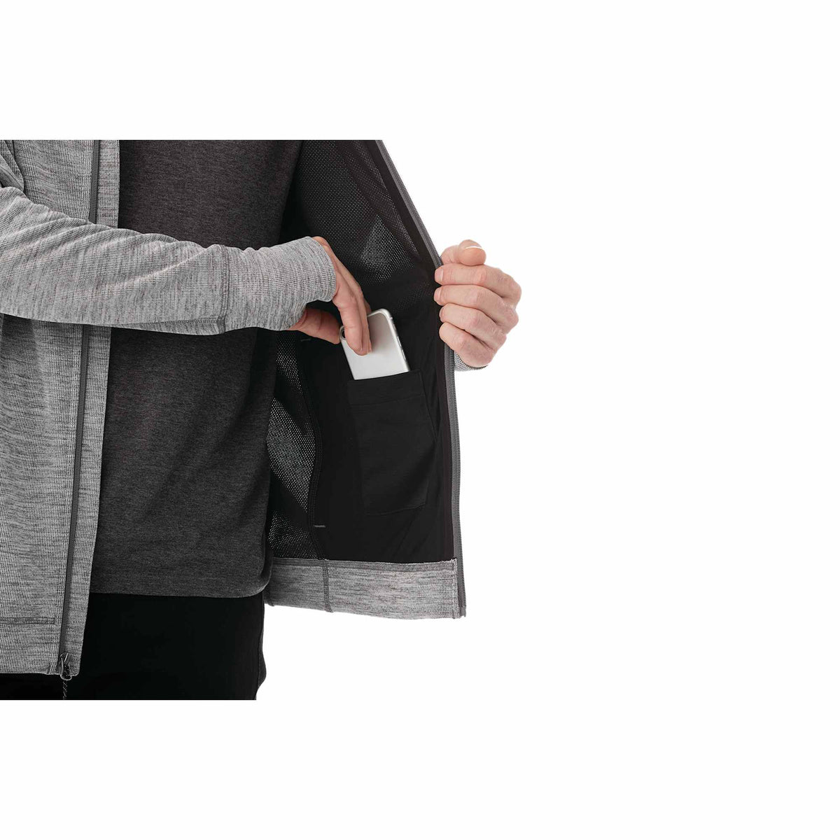 Odell Performance Knit Zip Hoodie with Thumb Holes for Men Transfer - Heather Charcoal - On Model