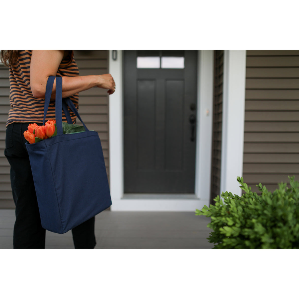 Open Top Cotton Canvas Tote, 9 oz Embroidery - Navy Blue - View 3