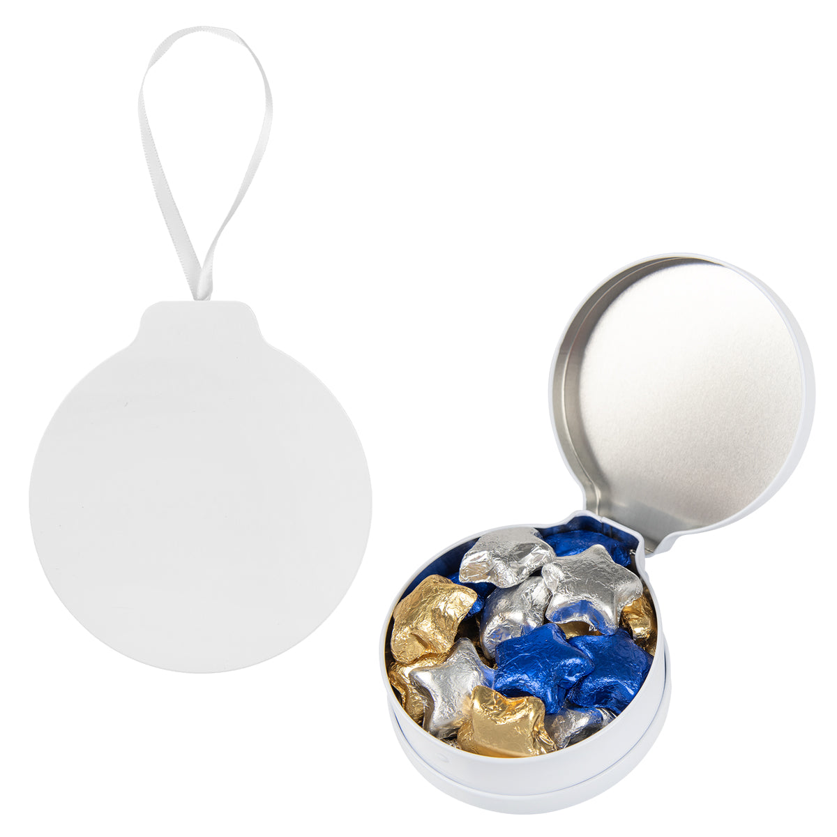 Ornament Tin with Candy, Full Color - White - ChocolateStars_Blank