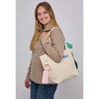Recycled Canvas Souvenir Tote with Snap Closure, 15 oz Embroidery - Natural - On Model 2