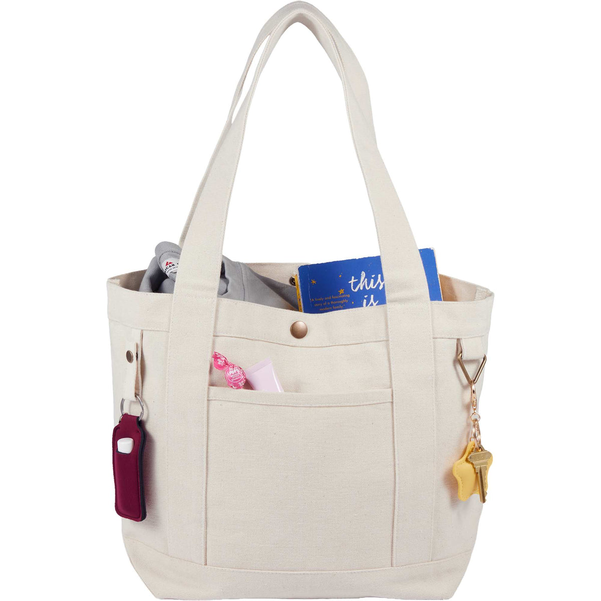 Recycled Canvas Souvenir Tote with Snap Closure, 15 oz Embroidery - Natural - Propped 2