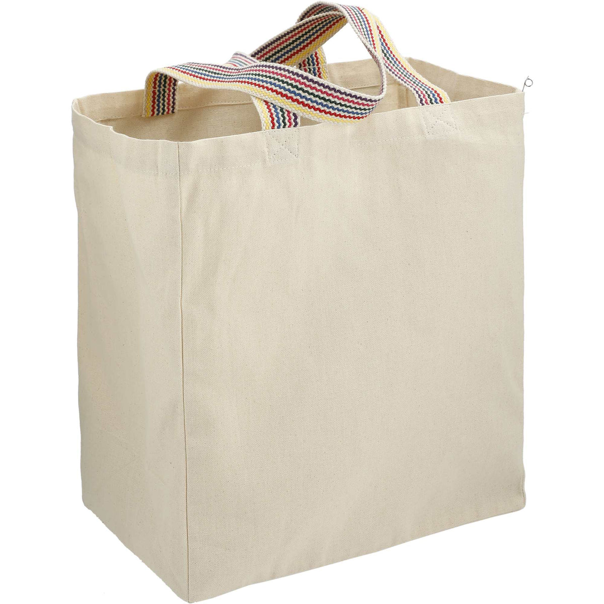 Recycled Cotton Grocery Tote with Rainbow Handles, 6 oz Embroidery - Natural - Right Angle 2