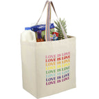 Recycled Cotton Grocery Tote with Rainbow Handles, 6 oz Embroidery - Natural - Right Angle