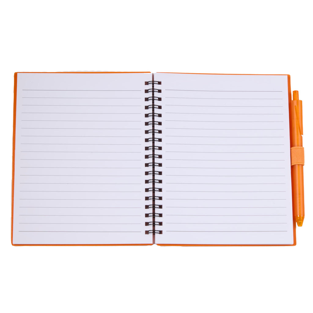 Recycled Spiral Notebook with RPET Pen, 5.5 x 7 Inches - Orange - Open