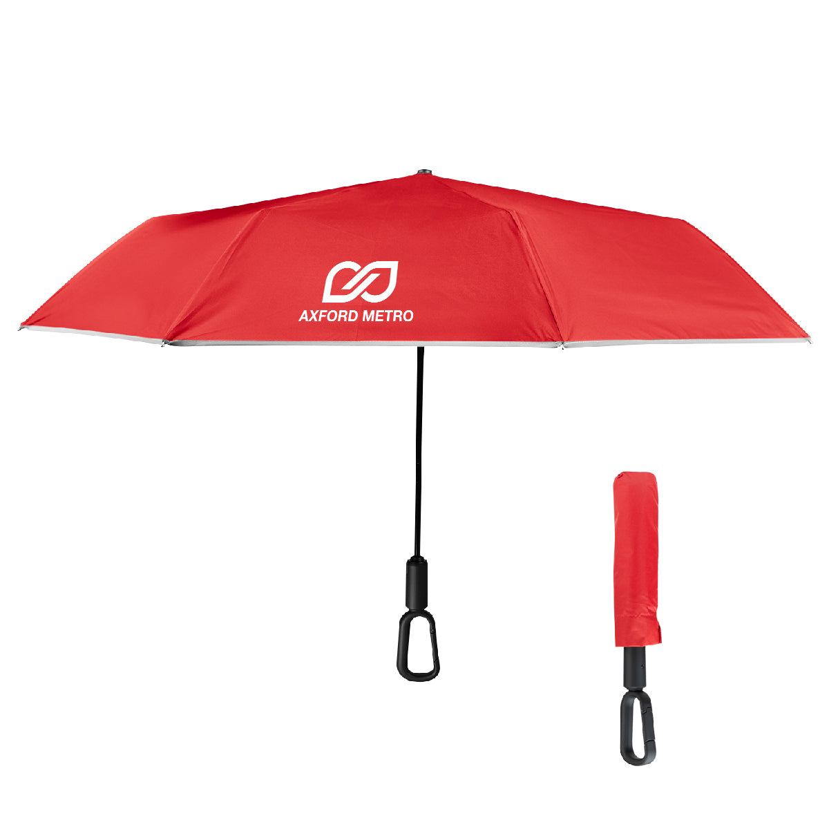 Reflective Umbrella with Carabiner Handle, 46 Inch Arc - Red - Silk Screen