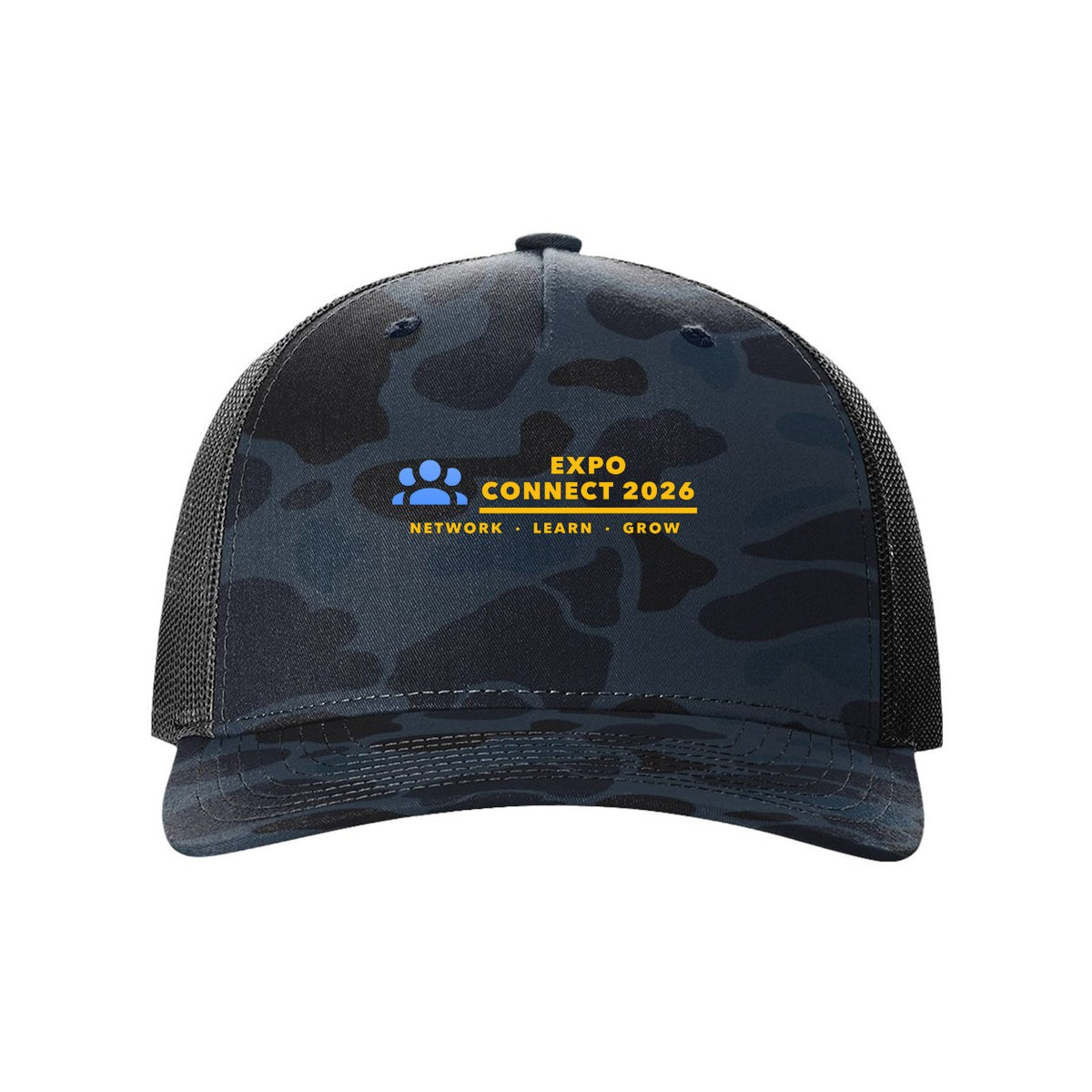 Richardson Patterned Five-Panel Trucker Cap Full Color - Admiral Duck Camo/ Black - Front