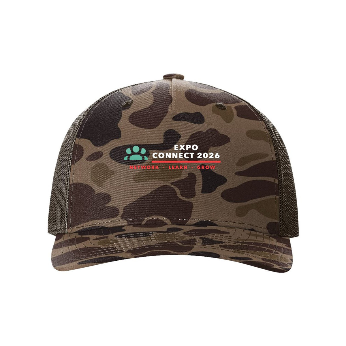 Richardson Patterned Five-Panel Trucker Cap Full Color - Bark Duck Camo/ Brown - Front