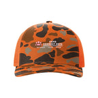 Richardson Patterned Five-Panel Trucker Cap Full Color - Blaze Duck Camo/ Blaze - Front