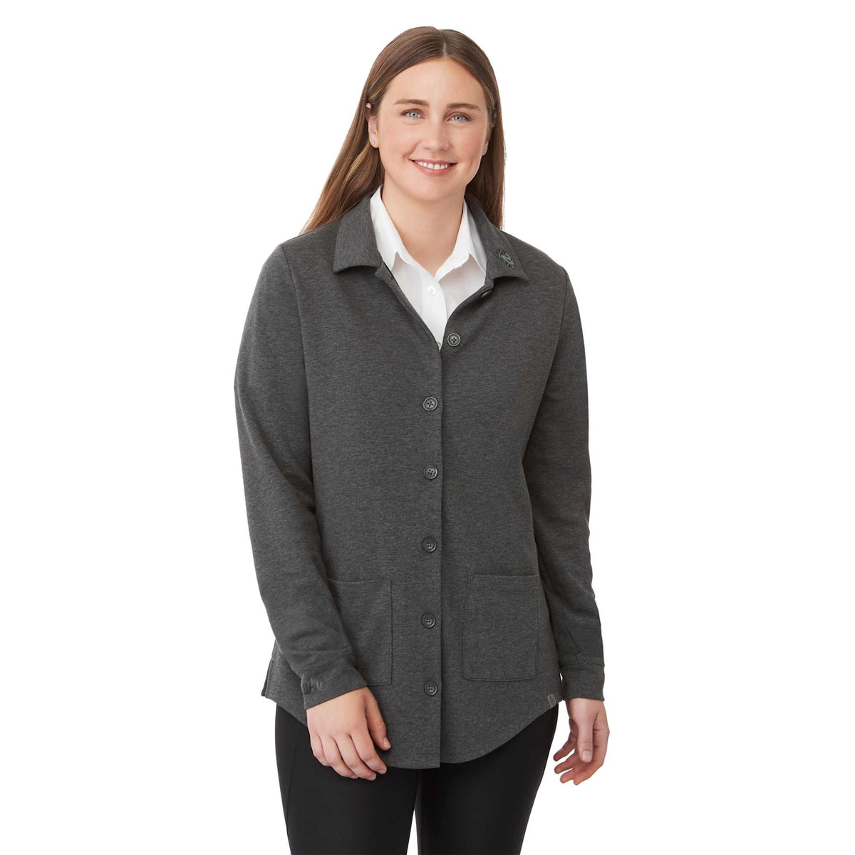 Rigi Eco Knit Button Cardigan for Women Transfer - Heather Dark Charcoal - On Model Front 3