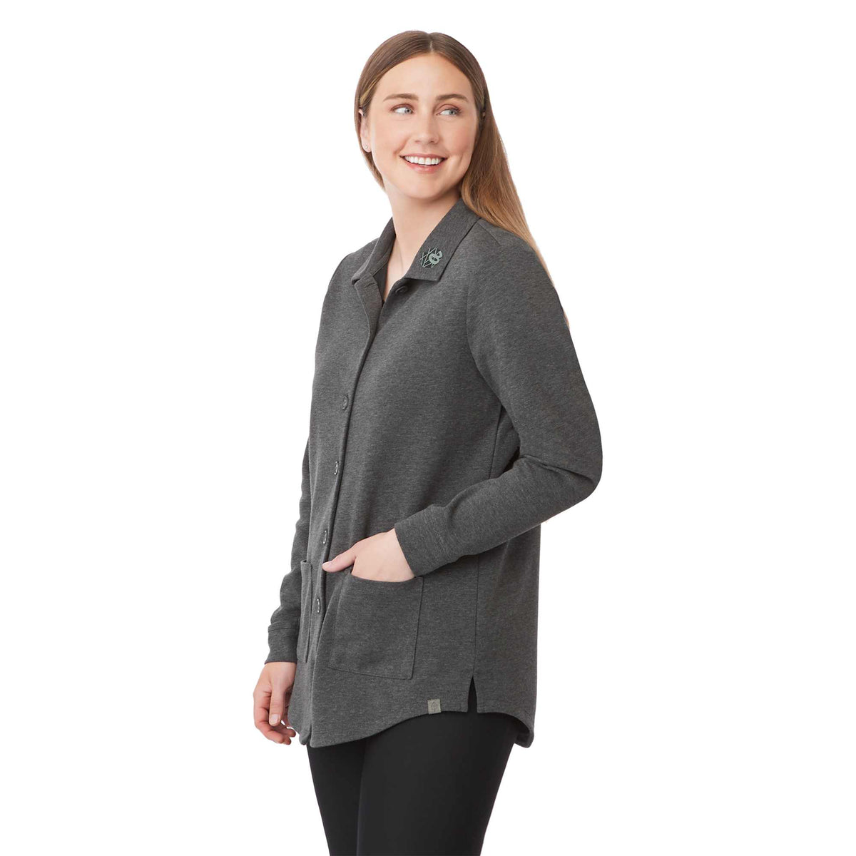 Rigi Eco Knit Button Cardigan for Women Transfer - Heather Dark Charcoal - On Model Right Angle