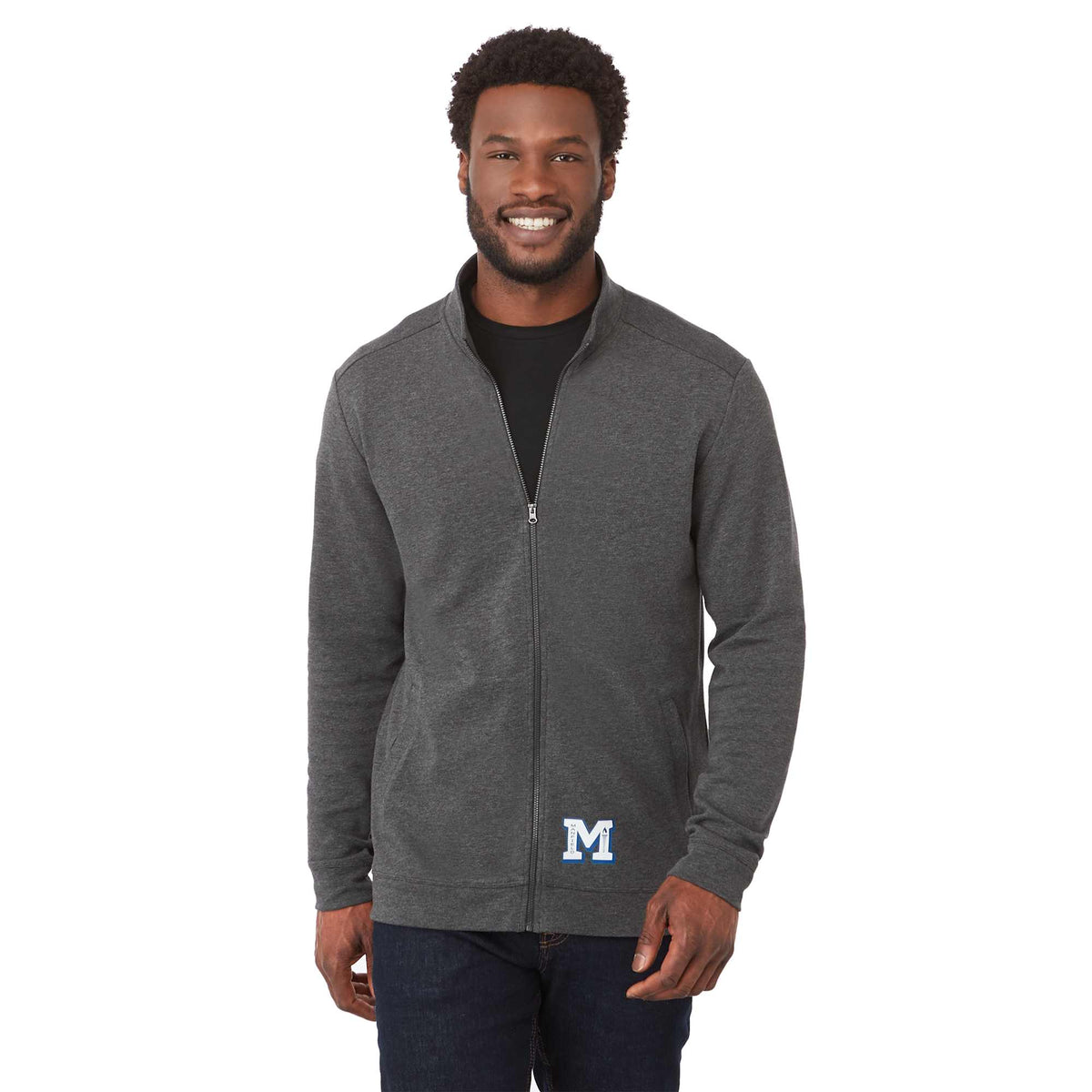 Rigi Eco Knit Full Zip Jacket for Men Embroidery - Heather Dark Charcoal - On Model Front