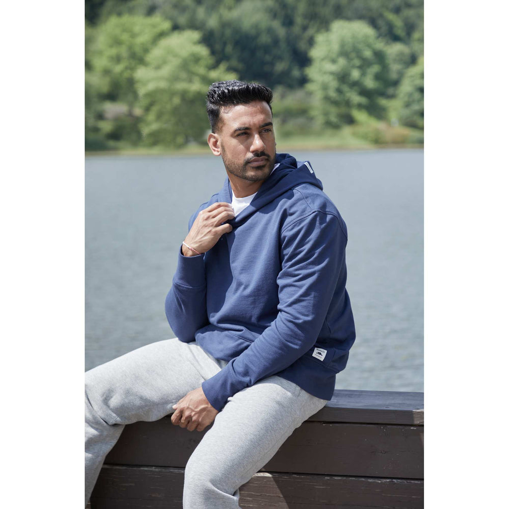 Roots73 Canmore Eco Pullover Hoodie, Unisex Transfer - Indigo Blue - Left Angle On Model