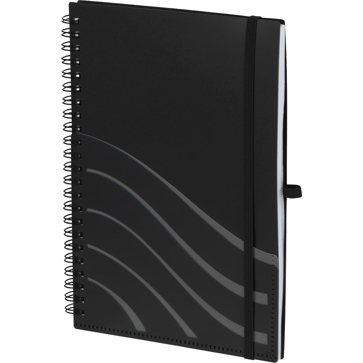 Scripto Recycled Spiral Notebook with Front Pockets, 5.5 x 8.5 Inches - Black - Left Angle
