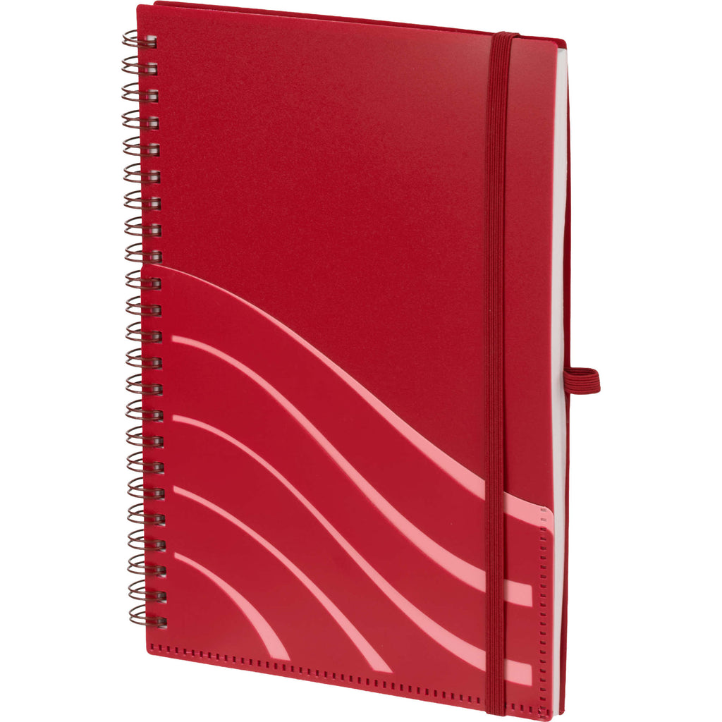 Scripto Recycled Spiral Notebook with Front Pockets, 5.5 x 8.5 Inches - Red - Left Angle