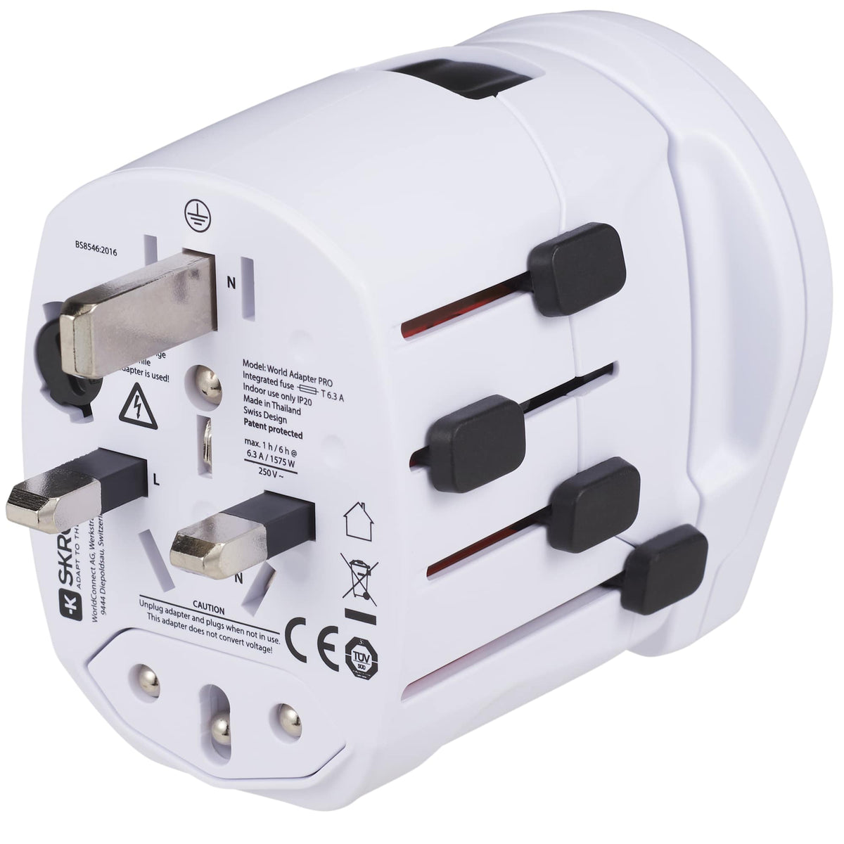 Skross PRO World Travel Adapter with USB Charger - White - Right Angle 2