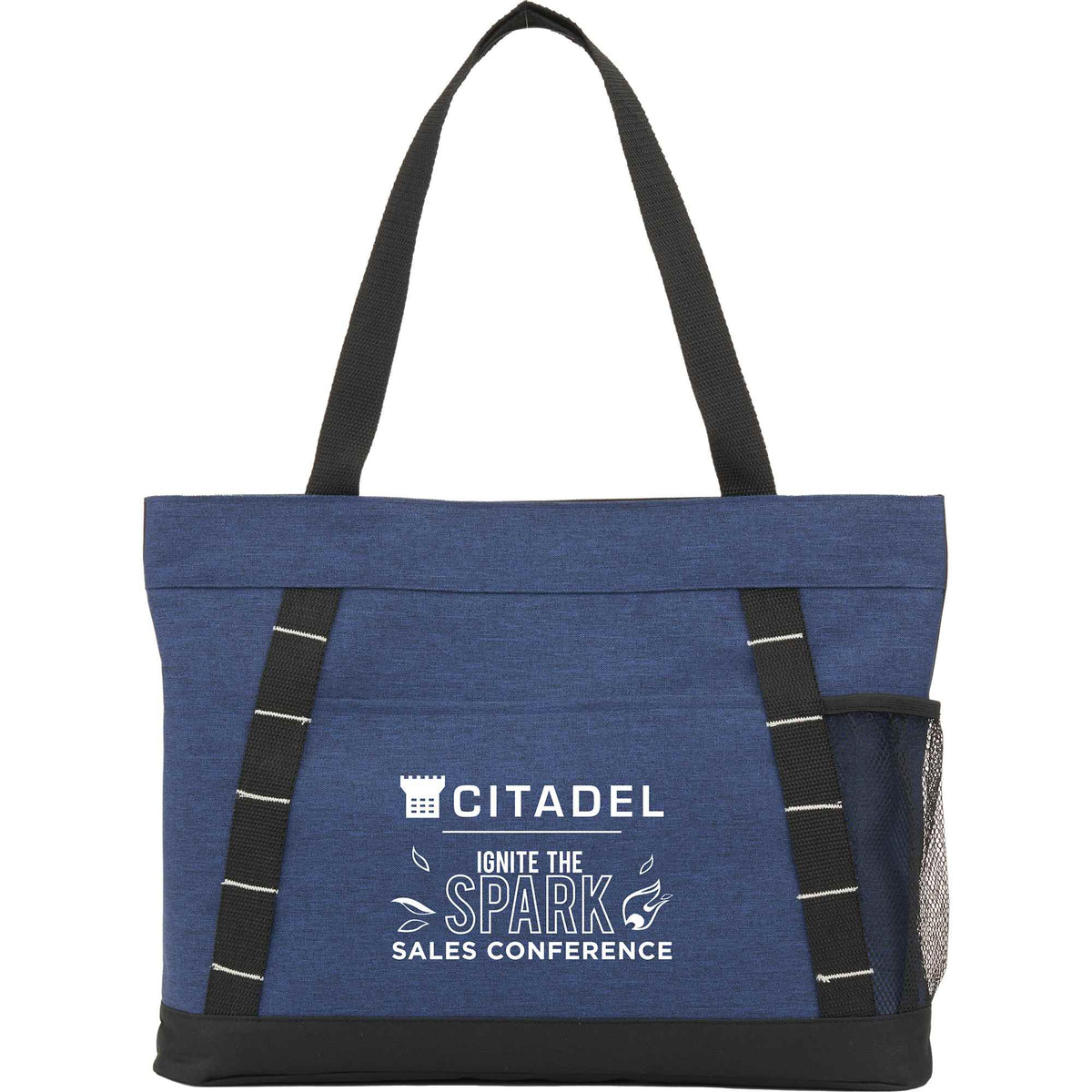 Snap Closure Meeting Tote in Recycled Polyester Embroidery - Navy - Front