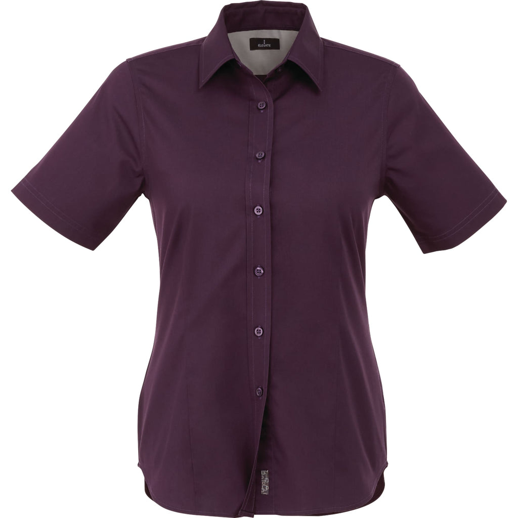 Stirling Short Sleeve Work Shirt in Poly Cotton Twill for Women Embroidery - Dark Plum - Back Flat 2