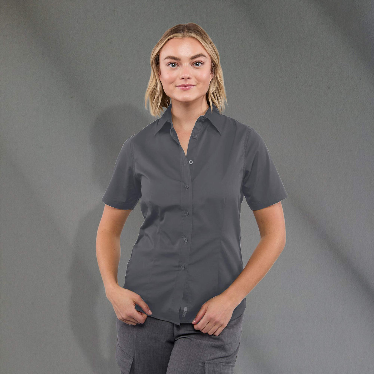 Stirling Short Sleeve Work Shirt in Poly Cotton Twill for Women Embroidery - Grey Storm - Front On Model