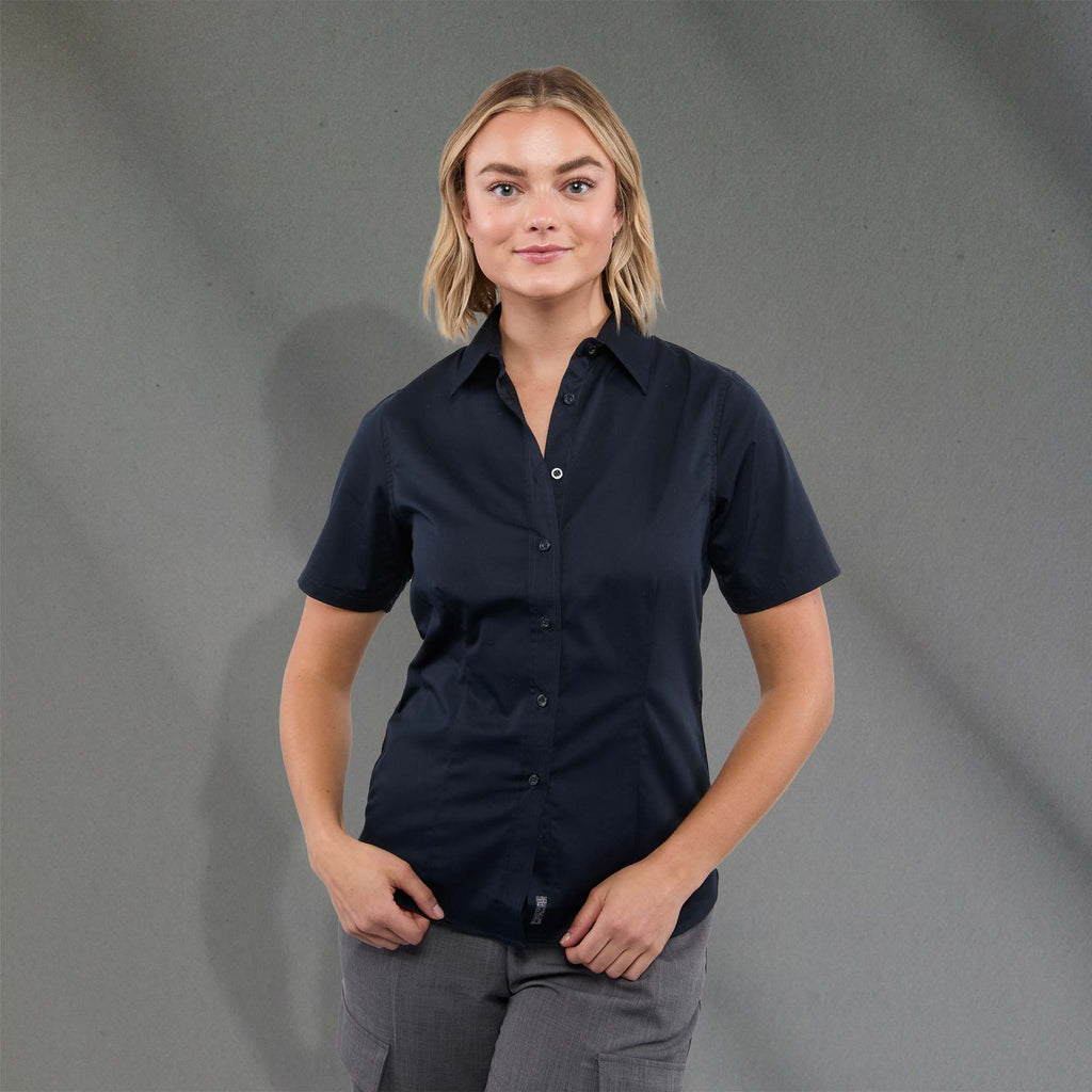 Stirling Short Sleeve Work Shirt in Poly Cotton Twill for Women Embroidery - Navy - Front On Model