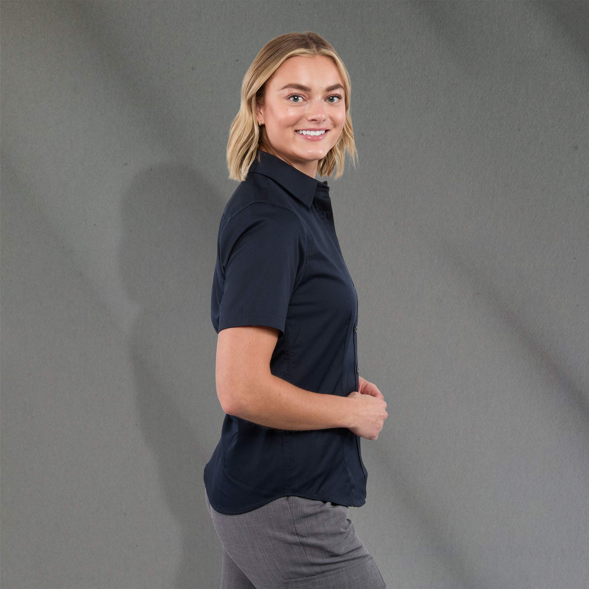 Stirling Short Sleeve Work Shirt in Poly Cotton Twill for Women Embroidery - Navy - Right Side On Model