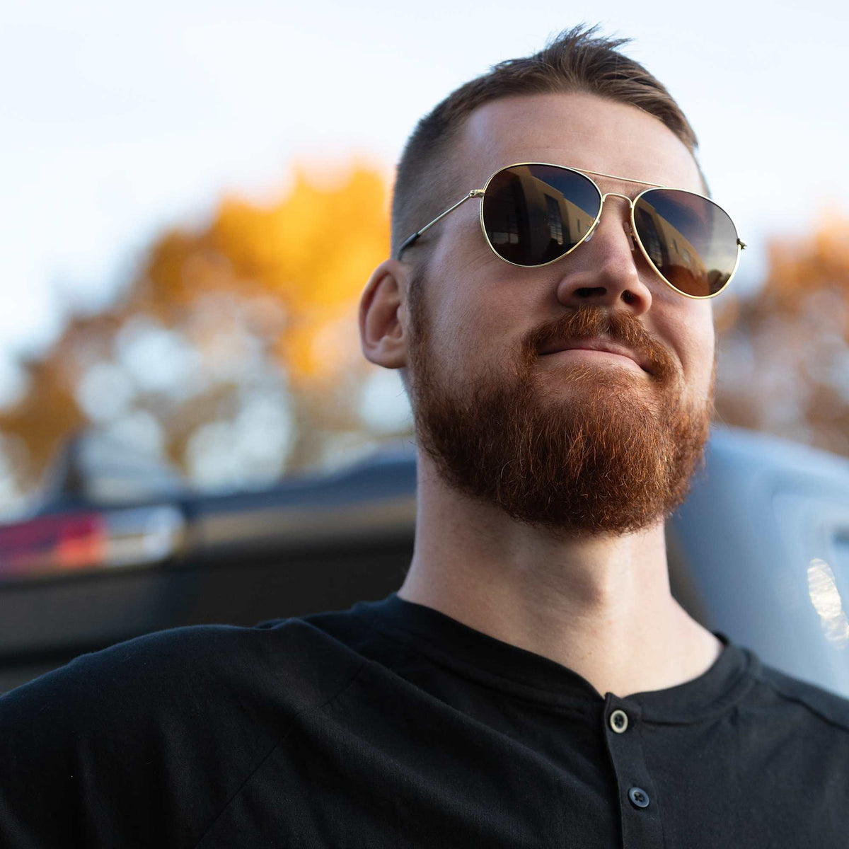 Stunkel Aviator Sunglasses with Recycled Lenses - Gold - Front On Model 2