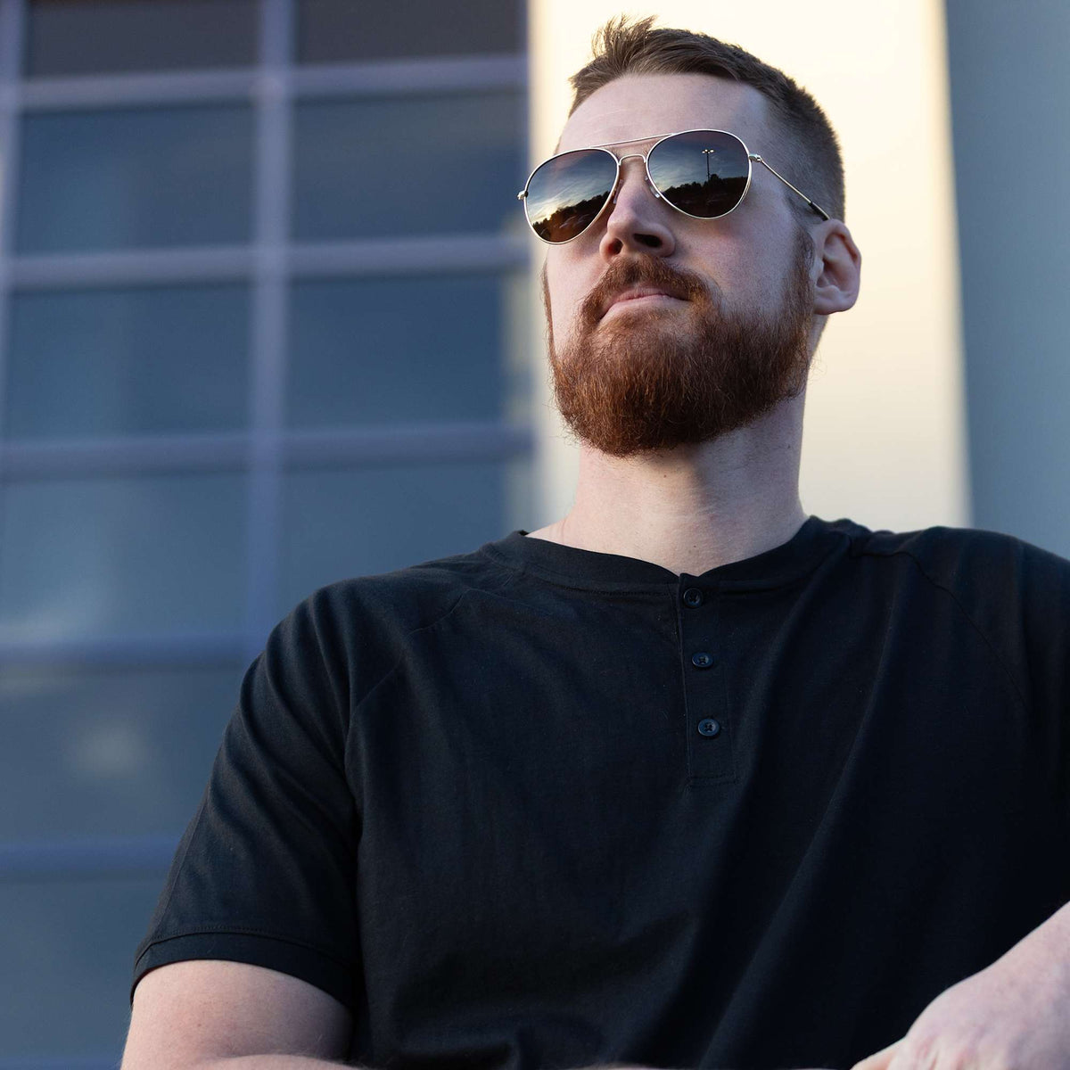 Stunkel Aviator Sunglasses with Recycled Lenses - Gold - Front On Model 3