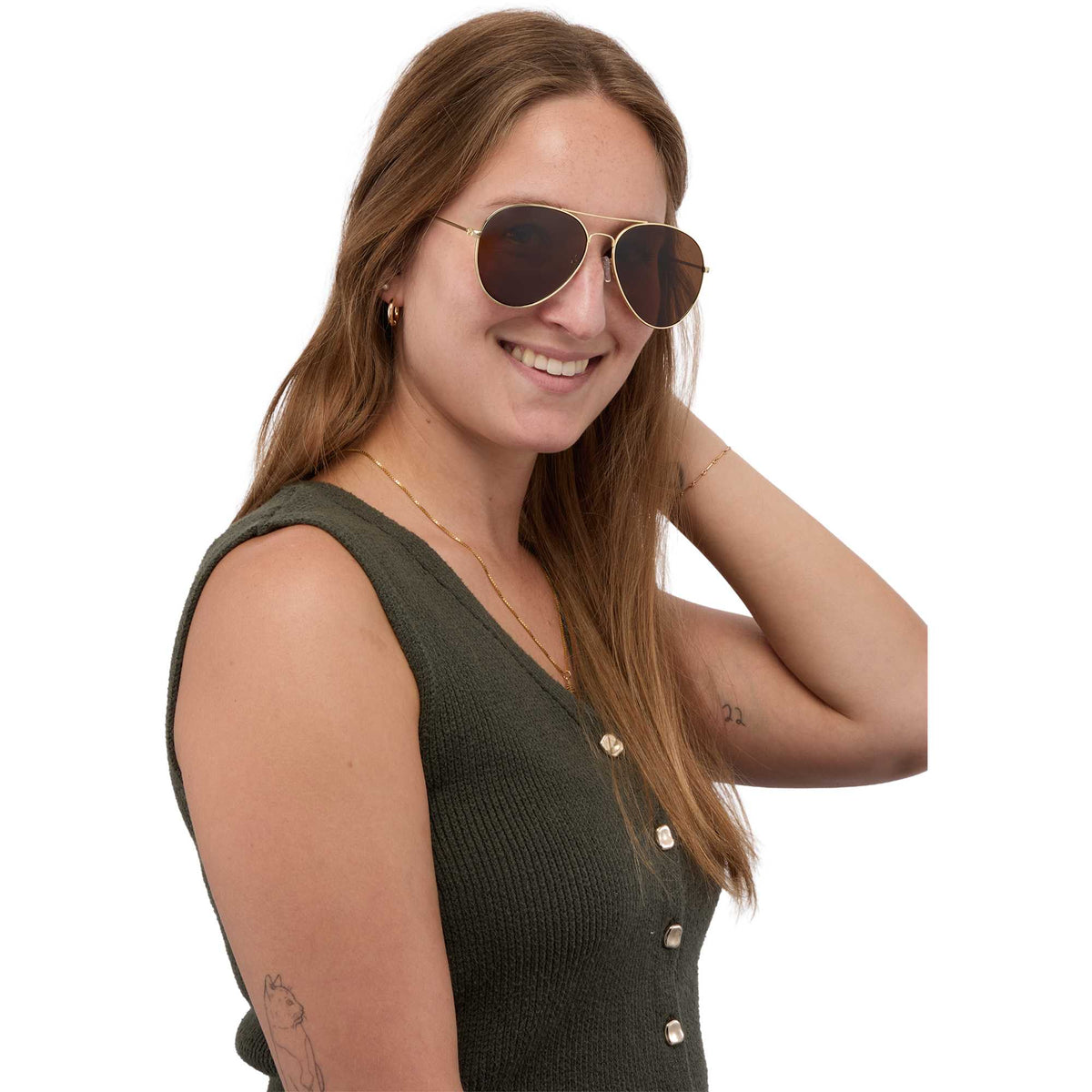Stunkel Aviator Sunglasses with Recycled Lenses - Gold - On Model