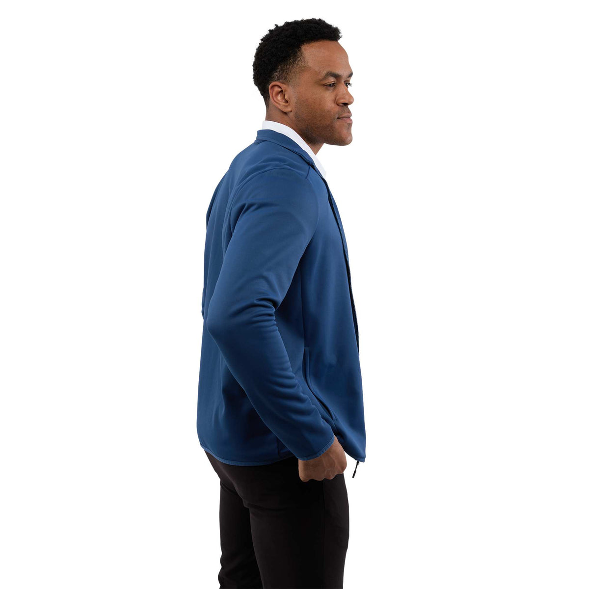 Telica Brushed Back Recycled Fleece Jacket for Men Transfer - River Blue - Right Side On Model