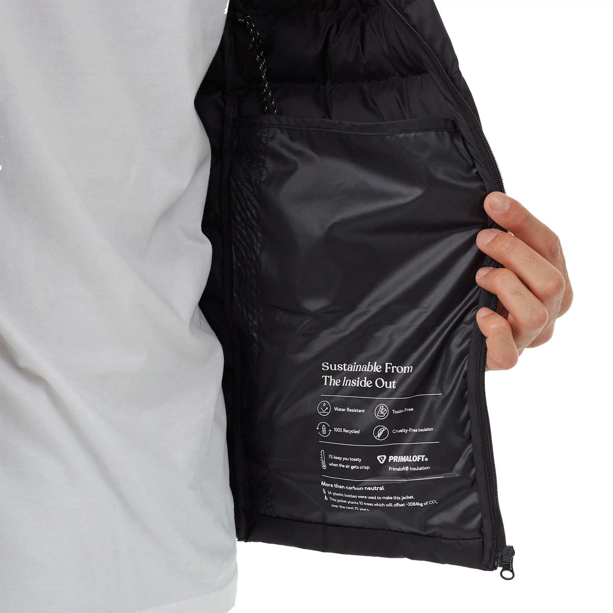 tentree Cloud Shell Packable Puffer Jacket for Men Embroidery - ten Meteorite Black - Front Detail On Model 2