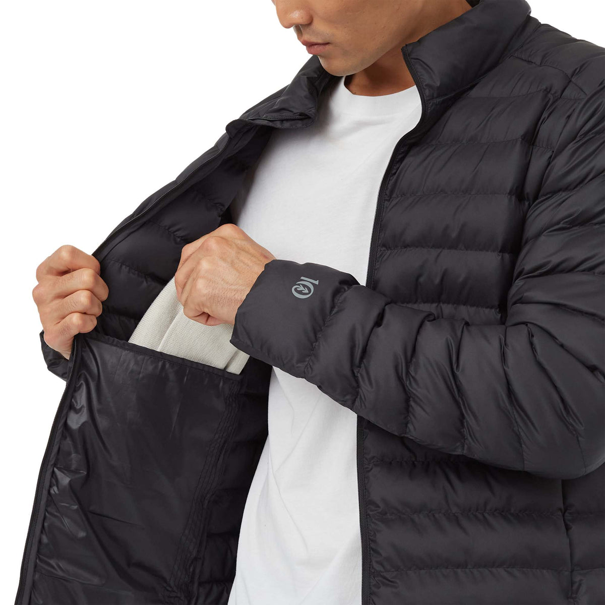 tentree Cloud Shell Packable Puffer Jacket for Men Embroidery - ten Meteorite Black - Front Detail On Model 3