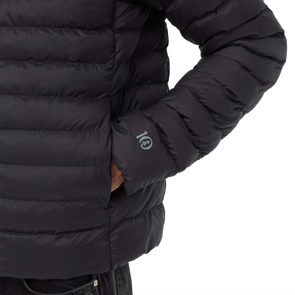 tentree Cloud Shell Packable Puffer Jacket for Men Embroidery - ten Meteorite Black - Front Detail On Model