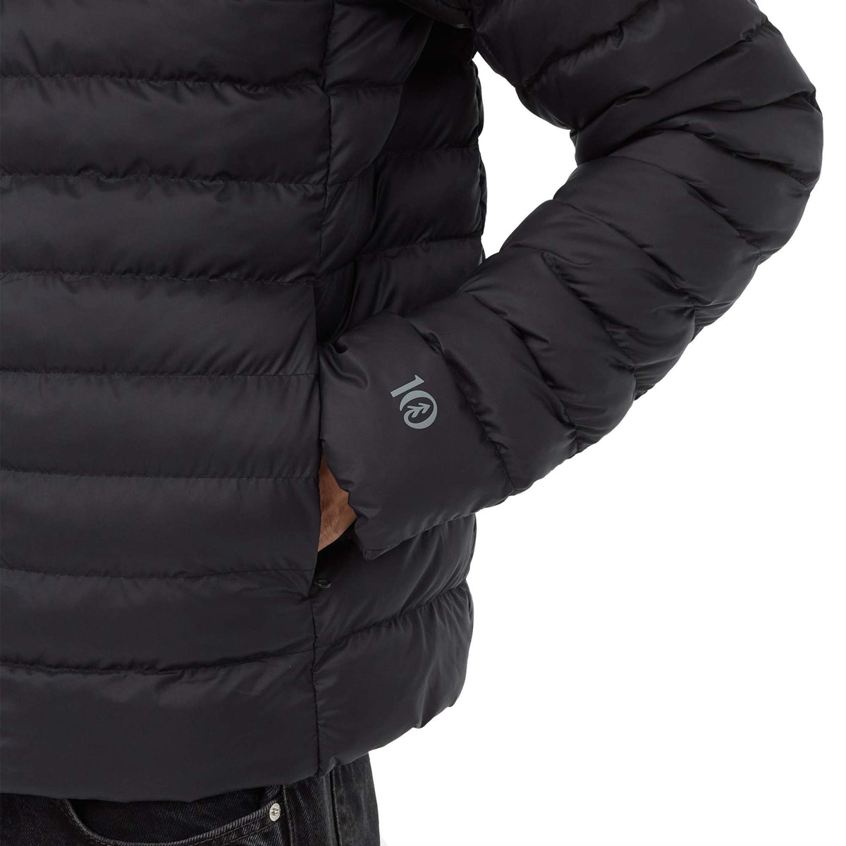 tentree Cloud Shell Packable Puffer Jacket for Men Embroidery - ten Meteorite Black - Front Detail On Model