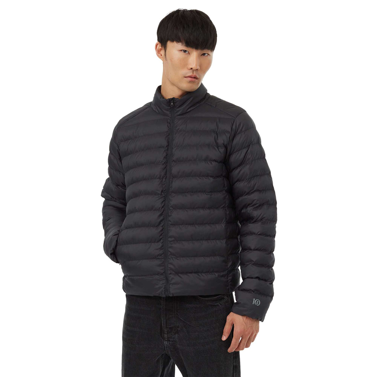 tentree Cloud Shell Packable Puffer Jacket for Men Embroidery - ten Meteorite Black - Front On Model 2