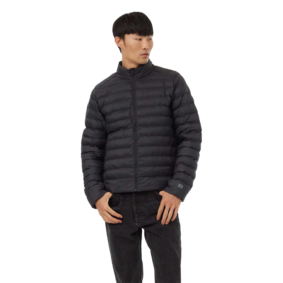 tentree Cloud Shell Packable Puffer Jacket for Men Embroidery - ten Meteorite Black - Front On Model